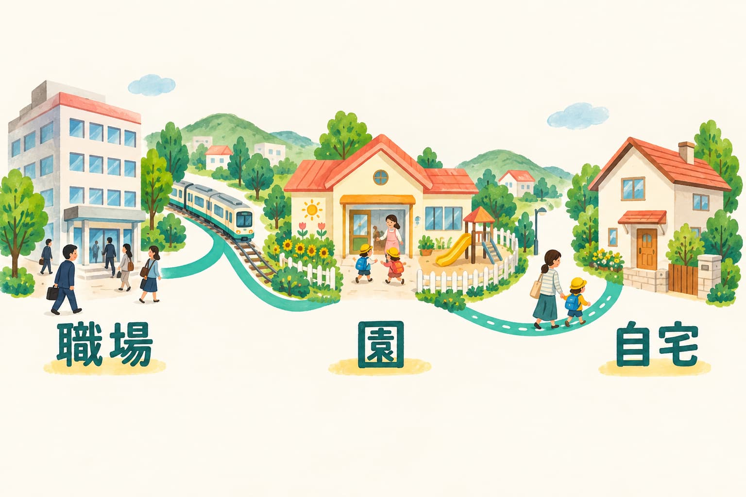 職場から電車や徒歩で園へ向かい、子どもと自宅へ帰る経路を描いたイラスト。