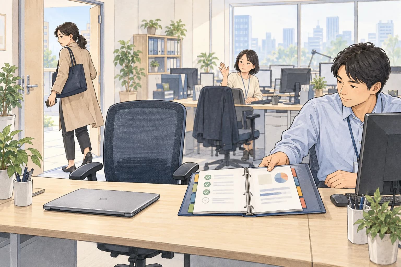 親が職場を出る一方、同僚が空いた席のそばにある共有資料を確認している。