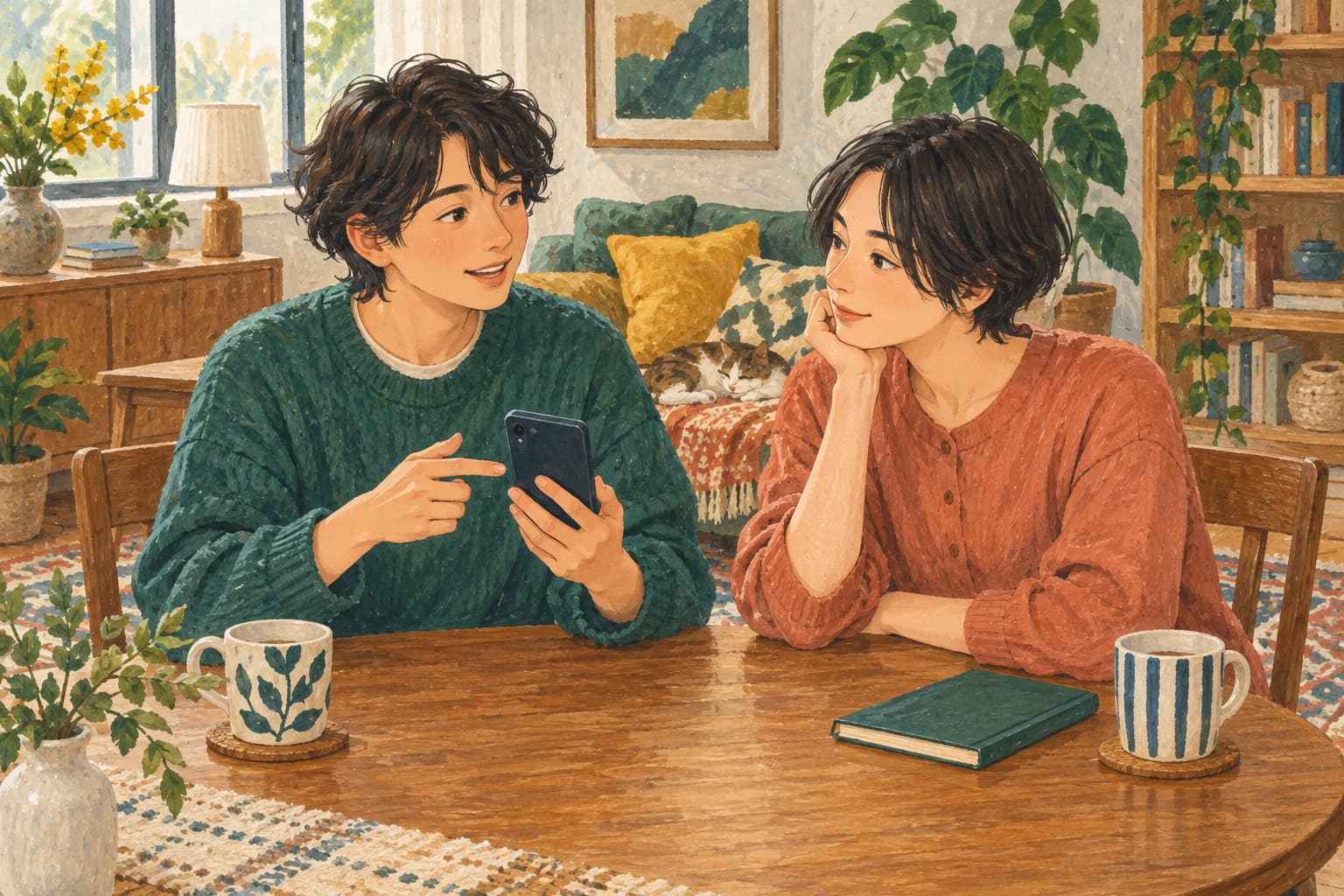 スマホを持つ人と、その話を聞くパートナー。