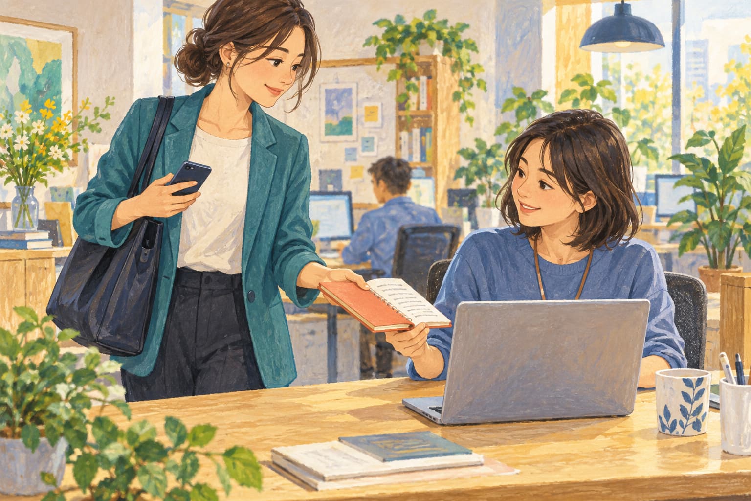 帰宅の準備をした人が、同僚へ仕事のノートを渡して引き継ぐ場面。