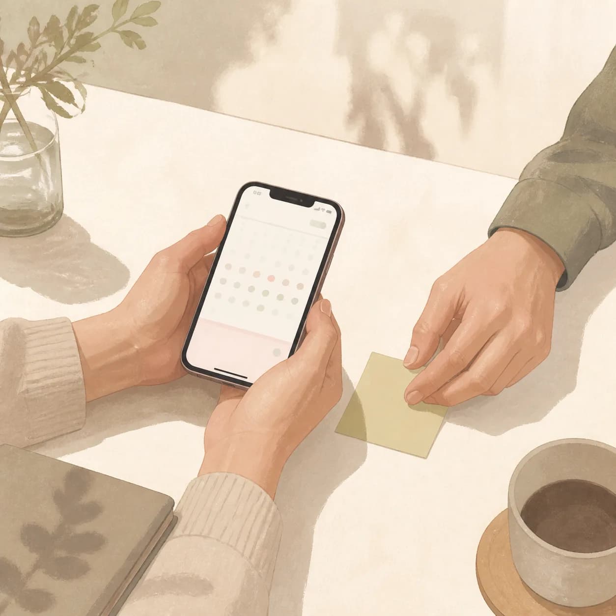 スマートフォンの記録画面を、ふたりで確認する手元のイラスト