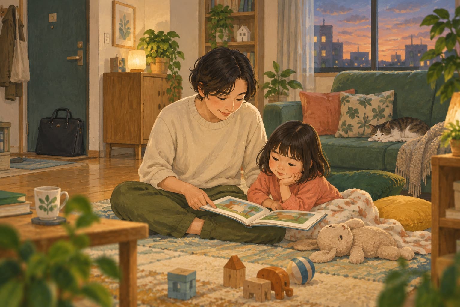 夕方の部屋で、親子が並んで絵本を開いている様子。