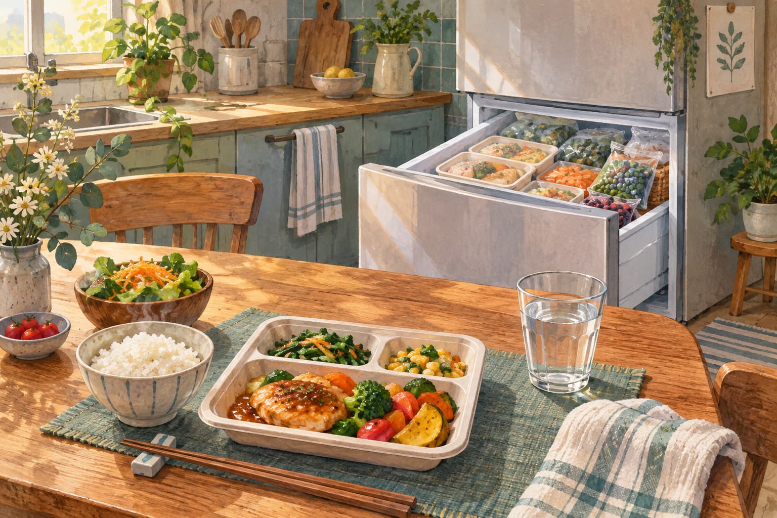 冷凍庫と、食卓に用意した弁当やご飯。