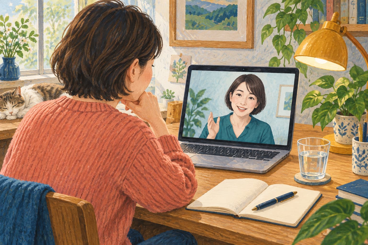 ノートを手元に置き、パソコン越しに相談する人。